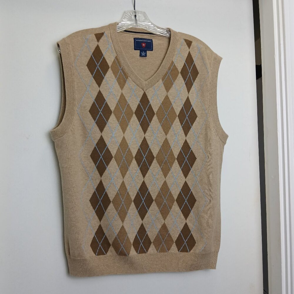 Saddlebred Beige 100% Cotton Knit V Neck Classic  Argyle Vest SzM
